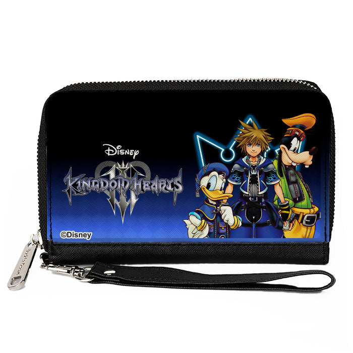 PU Zip Around Wallet Rectangle - Kingdom Hearts Donald Sora and Goofy Group Pose Blue Fade Clutch Zip Around Wallets Disney   