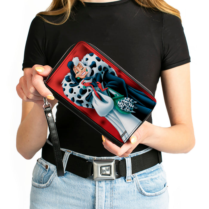 PU Zip Around Wallet Rectangle - Cruella de Vil Spotted Fur Pose + Spots Red/Black Clutch Zip Around Wallets Disney   