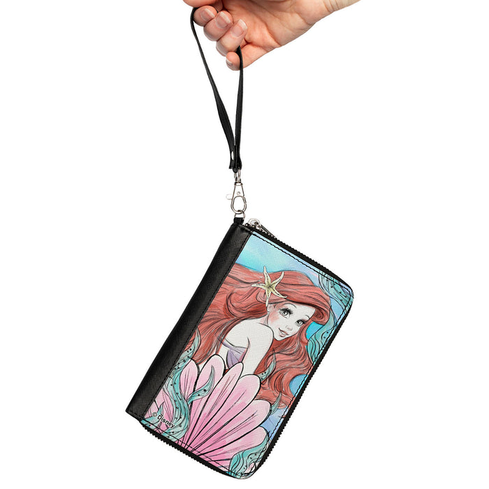 PU Zip Around Wallet Rectangle - The Little Mermaid Ariel Over Shoulder Sketch Pose Blues/Pinks Clutch Zip Around Wallets Disney   
