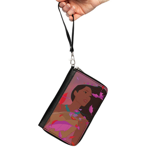 PU Zip Around Wallet Rectangle - Pocahontas Colors of the Wind Pose/Leaves Pinks Clutch Zip Around Wallets Disney   