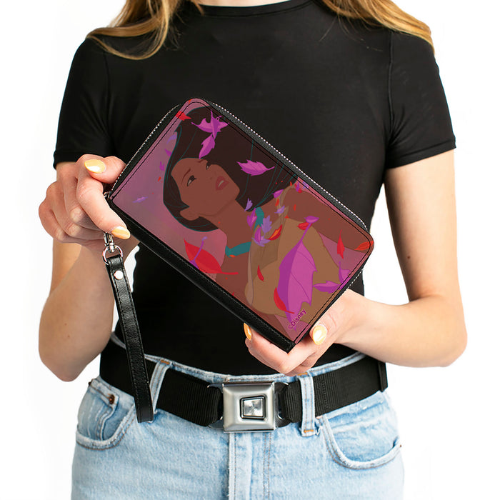 PU Zip Around Wallet Rectangle - Pocahontas Colors of the Wind Pose/Leaves Pinks Clutch Zip Around Wallets Disney   
