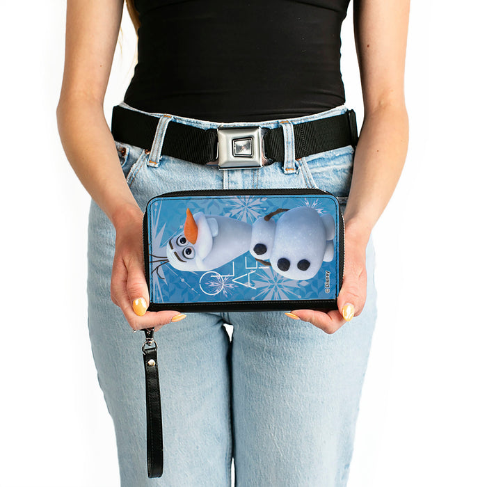 PU Zip Around Wallet Rectangle - Frozen  Olaf Smiling Pose and Text Snowflakes Blues/White Clutch Zip Around Wallets Disney   