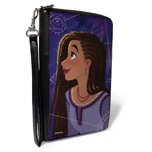 PU Zip Around Wallet Rectangle - Wish Asha Profile Pose and Star Sketch Galaxy Blues Clutch Zip Around Wallets Disney   