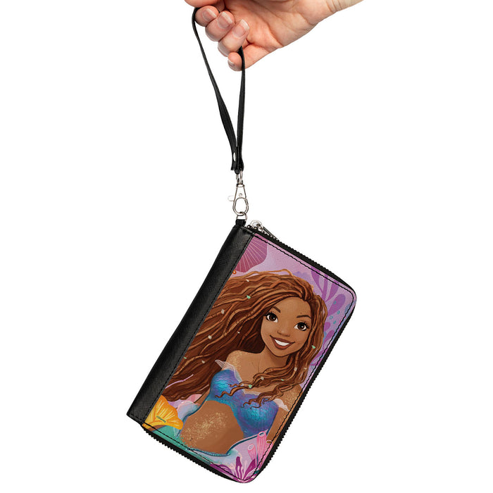 PU Zip Around Wallet Rectangle - The Little Mermaid Ariel Smiling Pose and Shells Pinks Clutch Zip Around Wallets Disney   