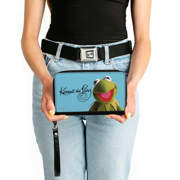 PU Zip Around Wallet Rectangle - The Muppets KERMIT THE FROG Portrait and Autograph Blue Clutch Zip Around Wallets Disney   