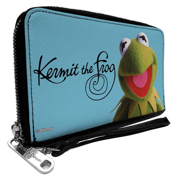 PU Zip Around Wallet Rectangle - The Muppets KERMIT THE FROG Portrait and Autograph Blue Clutch Zip Around Wallets Disney   
