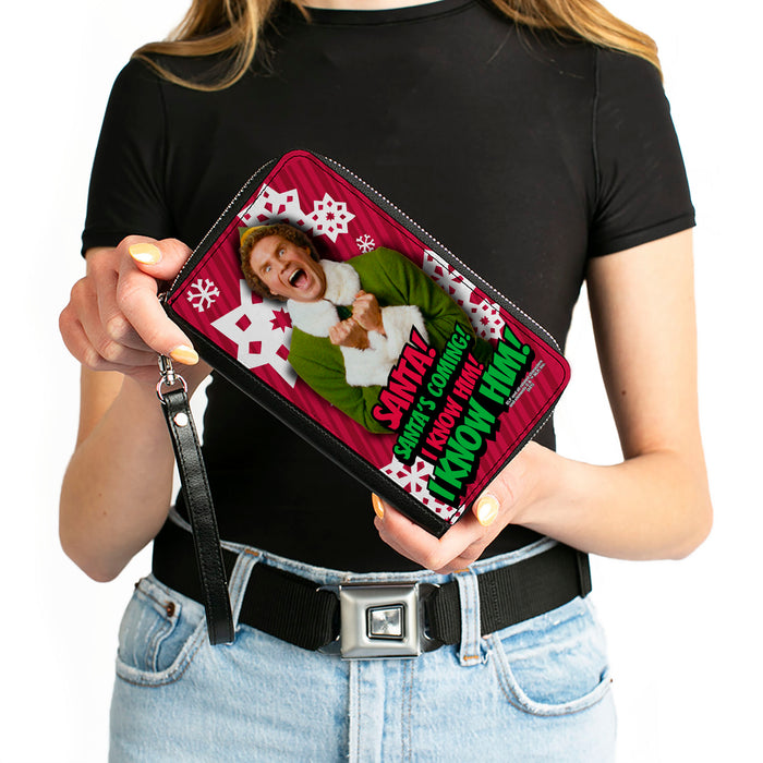 Women's PU Zip Around Wallet Rectangle - Elf Buddy the Elf SANTA! I KNOW HIM! Pose Snowflakes Red White Clutch Zip Around Wallets Warner Bros. Holiday Movies   