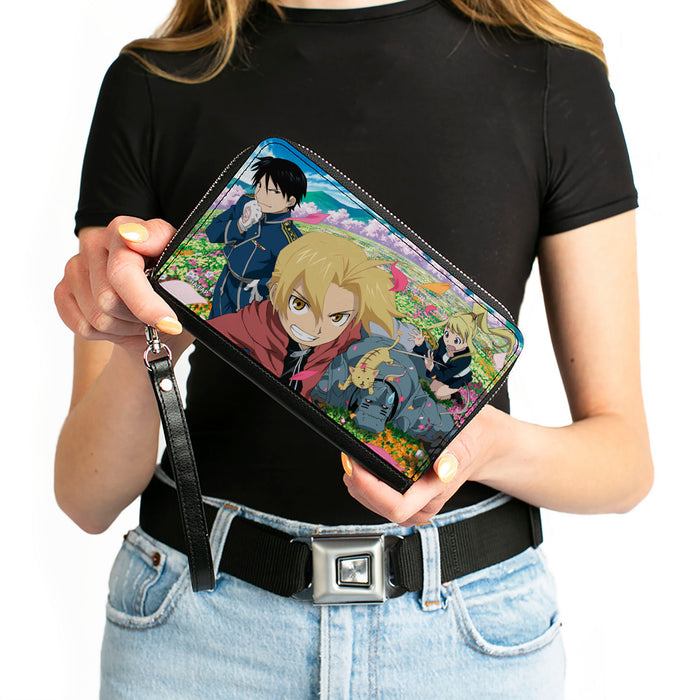 PU Zip Around Wallet Rectangle - Fullmetal Alchemist Brotherhood Four Character and Cat Group Scene Clutch Zip Around Wallets Aniplex of America