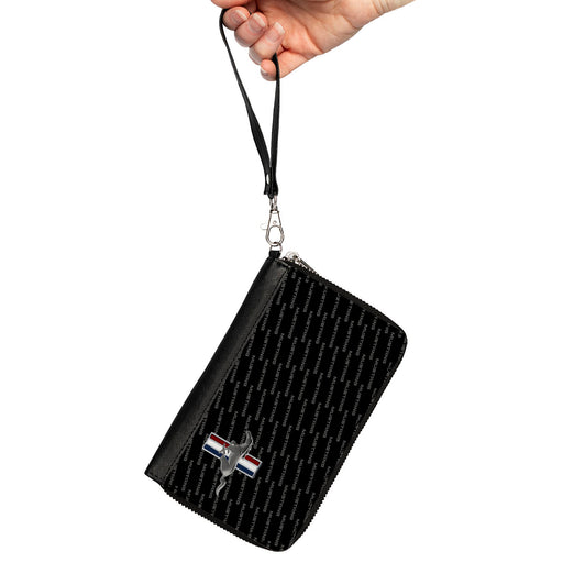 PU Zip Around Wallet Rectangle - Ford Mustang w/Bars CORNER w/Text Black Clutch Zip Around Wallets Ford   