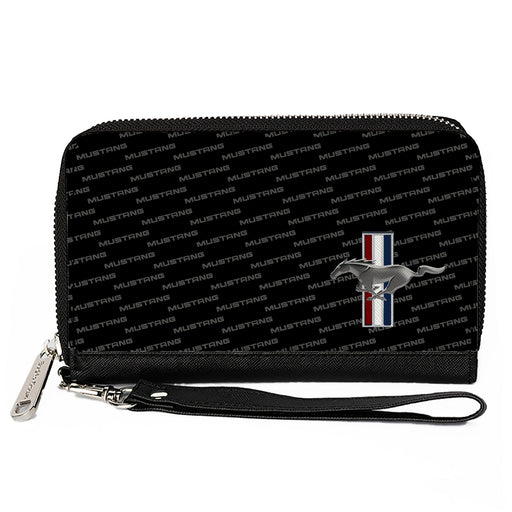 PU Zip Around Wallet Rectangle - Ford Mustang w/Bars CORNER w/Text Black Clutch Zip Around Wallets Ford   