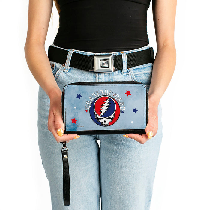 Women's PU Zip Around Wallet Rectangle - GRATEFUL DEAD Steal Your Face Logo Stars Blues White Red Clutch Zip Around Wallets Grateful Dead   