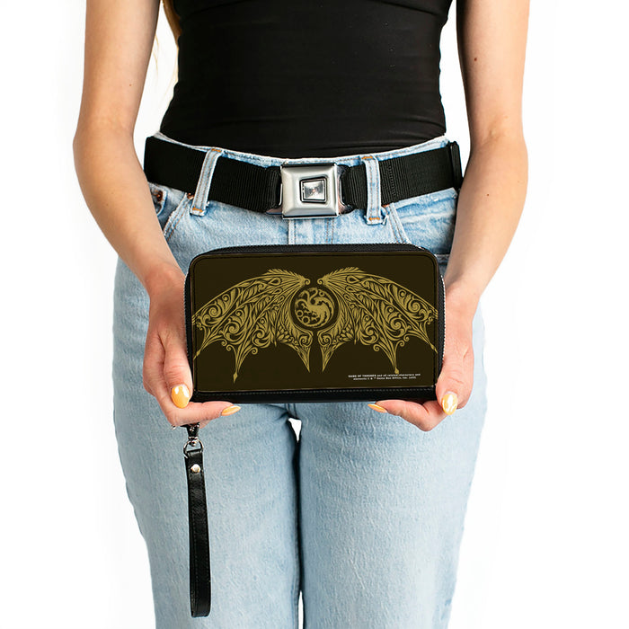 PU Zip Around Wallet Rectangle - House of the Dragon Icon and Wings Black Yellow Clutch Zip Around Wallets House of the Dragon   