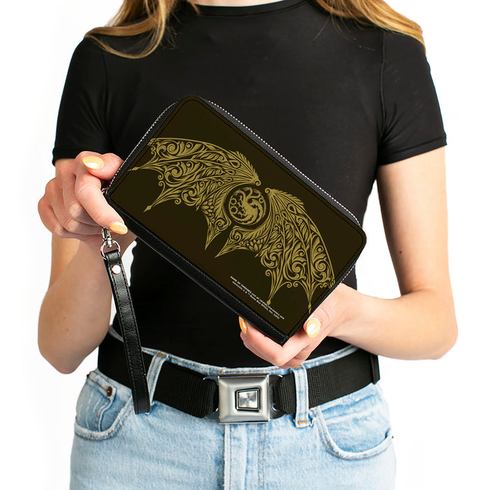 PU Zip Around Wallet Rectangle - House of the Dragon Icon and Wings Black Yellow Clutch Zip Around Wallets House of the Dragon   