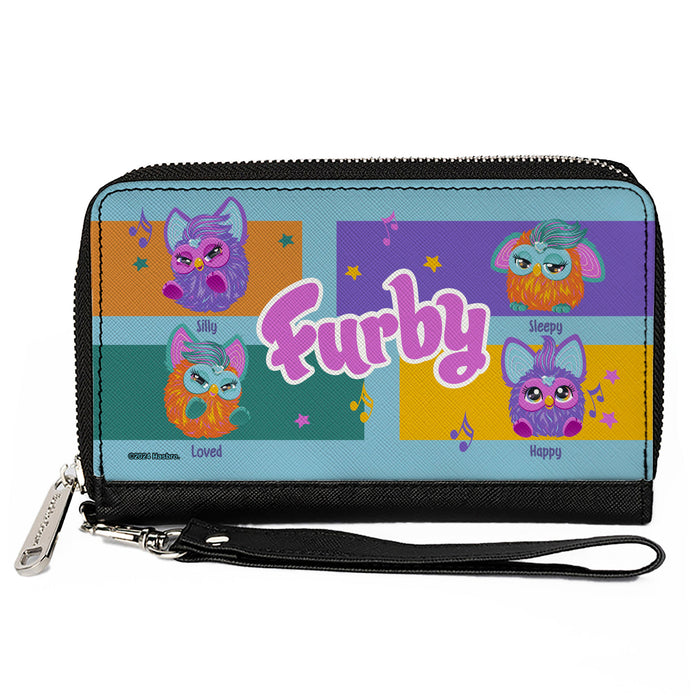 PU Zip Around Wallet Rectangle - FURBY Purple and Orange Mood Blocks and Title Logo Blue/Multi Color Clutch Zip Around Wallets Hasbro   