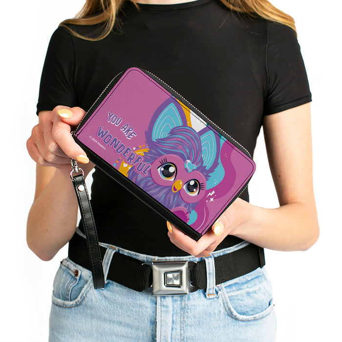 PU Zip Around Wallet Rectangle - Furby Purple Furby YOU ARE WONDERFUL Running Pose Pinks/Purples Clutch Zip Around Wallets Hasbro   