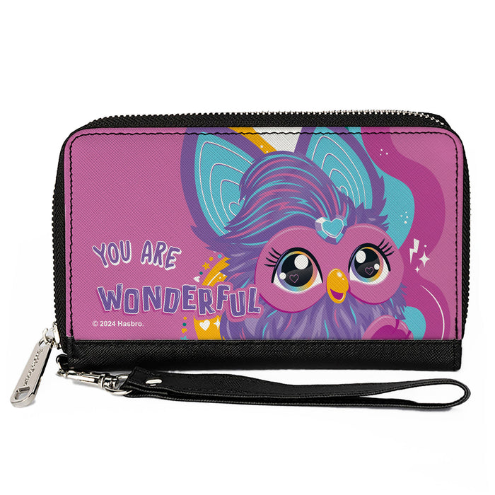 PU Zip Around Wallet Rectangle - Furby Purple Furby YOU ARE WONDERFUL Running Pose Pinks/Purples Clutch Zip Around Wallets Hasbro   