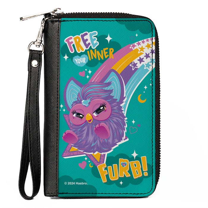 PU Zip Around Wallet Rectangle - Furby Purple Furby FREE YOUR INNER FURB Rainbow Pose Teal/Multi Color Clutch Zip Around Wallets Hasbro   