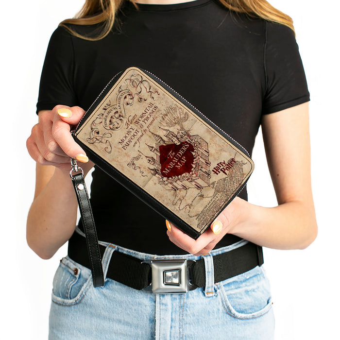 PU Zip Around Wallet Rectangle - Hogwarts School THE MARAUDER'S MAP Tan/Reds