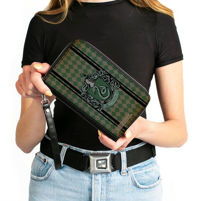 PU Zip Around Wallet Rectangle - SLYTHERIN Crest Stripes/Diamonds Greens/Black Clutch Zip Around Wallets The Wizarding World of Harry Potter   