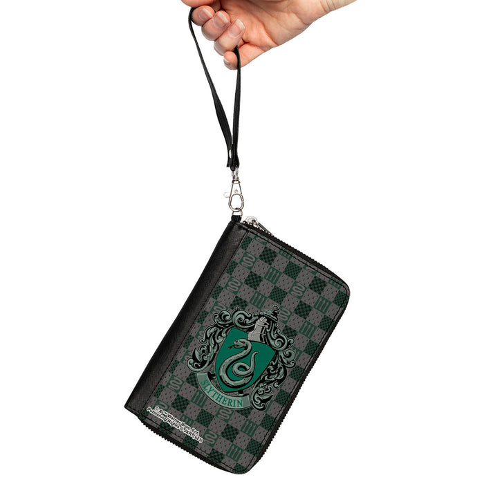 PU Zip Around Wallet Rectangle - Harry Potter SLYTHERIN Crest/Heraldry Checkers Gray/Greens Clutch Zip Around Wallets The Wizarding World of Harry Potter   