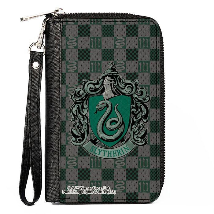 PU Zip Around Wallet Rectangle - Harry Potter SLYTHERIN Crest/Heraldry Checkers Gray/Greens Clutch Zip Around Wallets The Wizarding World of Harry Potter   