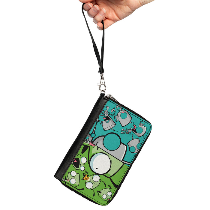 PU Zip Around Wallet Rectangle - Invader Zim GIR Split Close-Up and Poses Blue/Green