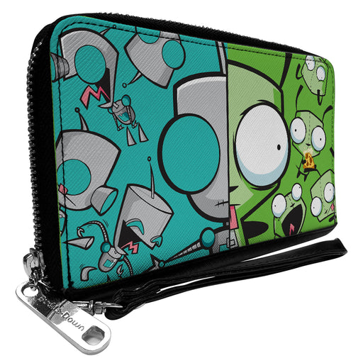 PU Zip Around Wallet Rectangle - Invader Zim GIR Split Close-Up and Poses Blue/Green Clutch Zip Around Wallets Nickelodeon   