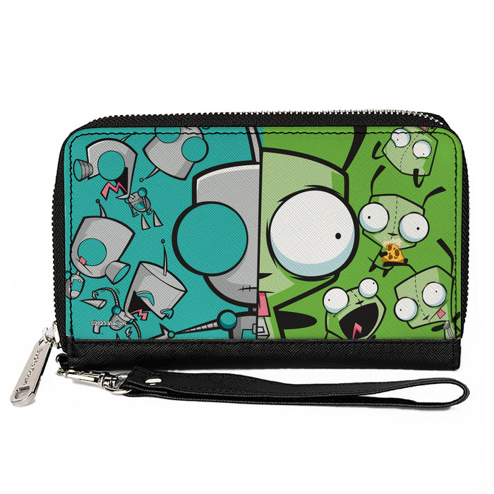 PU Zip Around Wallet Rectangle - Invader Zim GIR Split Close-Up and Poses Blue/Green