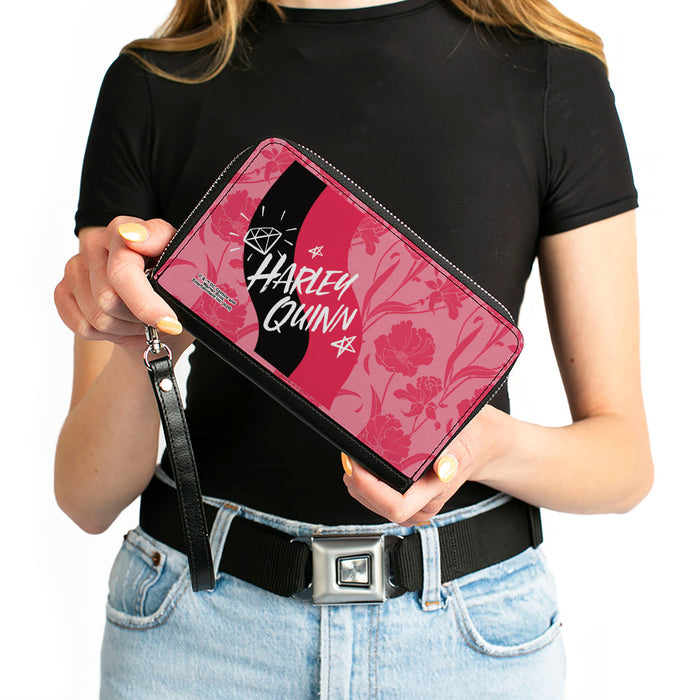 Women's PU Zip Around Wallet Rectangle - Birds of Prey HARLEY QUINN Text Diamond Stars Flowers Pinks Black White Clutch Zip Around Wallets DC Comics   