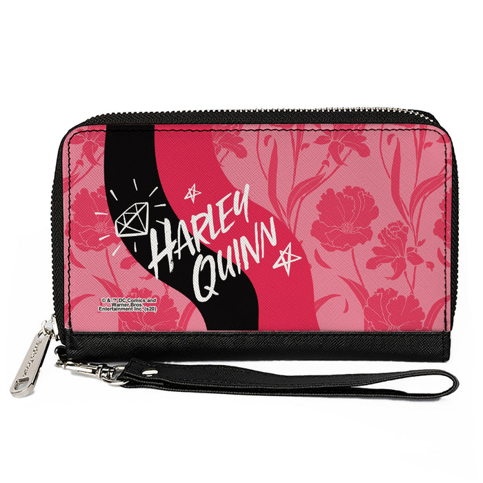 Women's PU Zip Around Wallet Rectangle - Birds of Prey HARLEY QUINN Text Diamond Stars Flowers Pinks Black White Clutch Zip Around Wallets DC Comics   