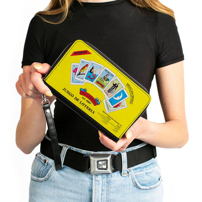 Women's PU Zip Around Wallet Rectangle - Loteria DON CLEMENTE JUEGO DE LOTERIA Game Logo Yellow Clutch Zip Around Wallets Loteria   