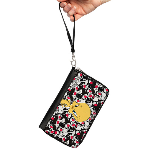 PU Zip Around Wallet Rectangle - Tweety Pose/Sylvester the Cat Expressions Stacked Black/White/Red Clutch Zip Around Wallets Looney Tunes   