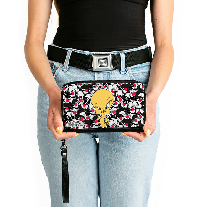 PU Zip Around Wallet Rectangle - Tweety Pose/Sylvester the Cat Expressions Stacked Black/White/Red Clutch Zip Around Wallets Looney Tunes   