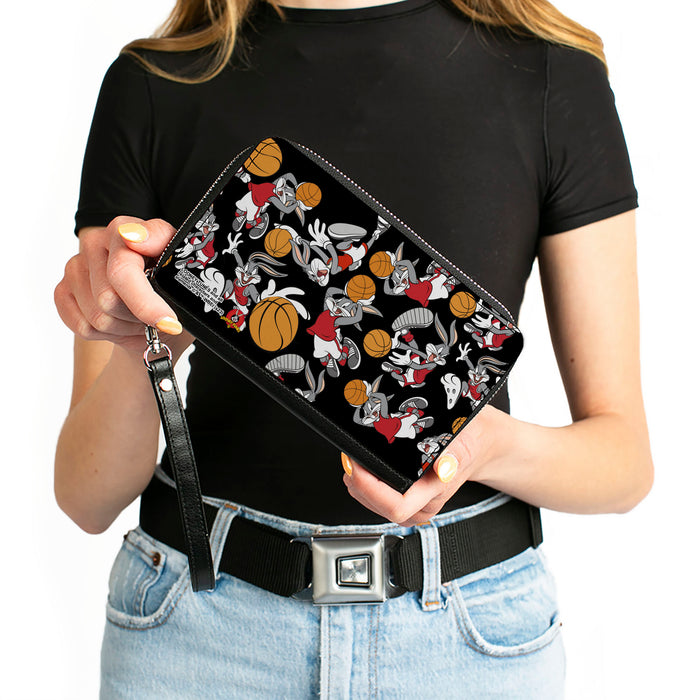 PU Zip Around Wallet Rectangle - Bugs Bunny Basketball Poses Scattered Black Clutch Zip Around Wallets Looney Tunes   