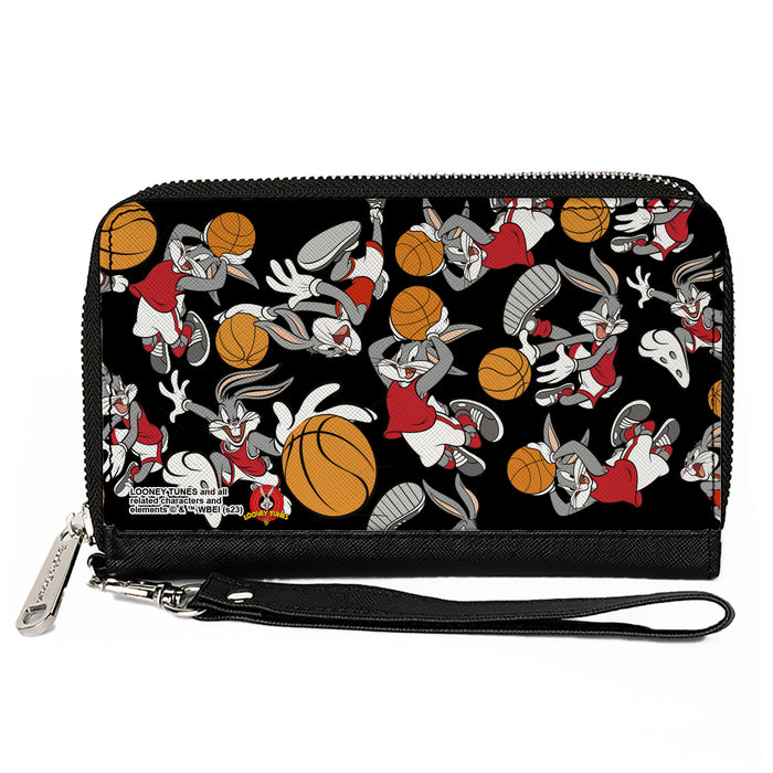 PU Zip Around Wallet Rectangle - Bugs Bunny Basketball Poses Scattered Black Clutch Zip Around Wallets Looney Tunes   