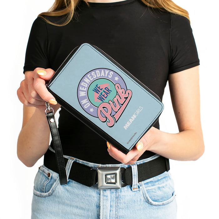 PU Zip Around Wallet Rectangle - Mean Girls ON WEDNESDAYS WE WEAR PINK Icon Blues/Pinks Clutch Zip Around Wallets Paramount Pictures   