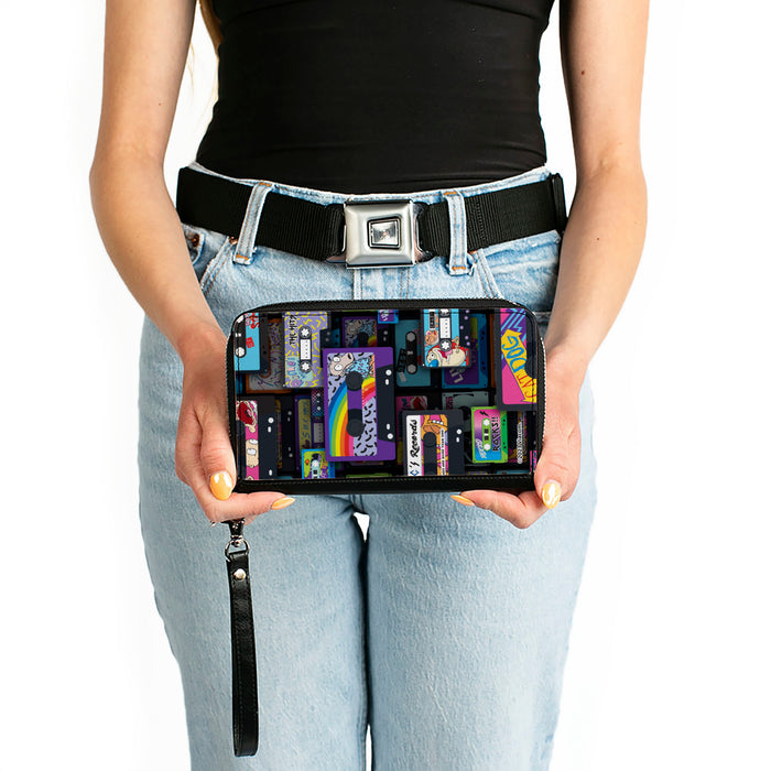 PU Zip Around Wallet Rectangle - Nick 90's Rewind Mash Up Cassette Tapes Collage Black Clutch Zip Around Wallets Nickelodeon   