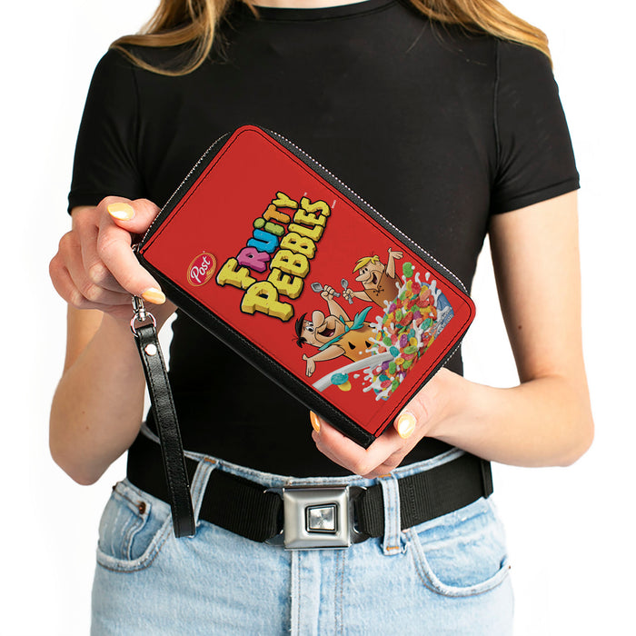 PU Zip Around Wallet Rectangle - FRUITY PEBBLES Fred Flintstone and Barney Rubble Cereal Box Replica Bright Red Clutch Zip Around Wallets The Flintstones   