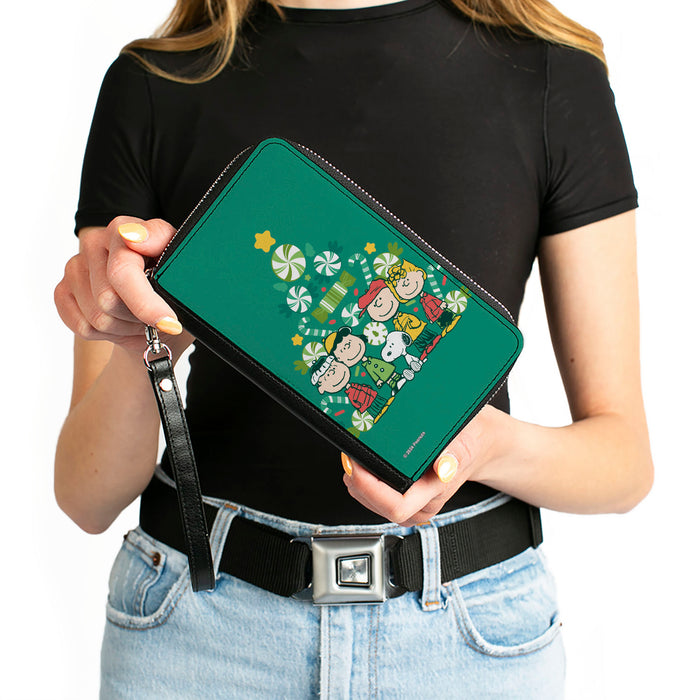 PU Zip Around Wallet Rectangle - Peanuts Holiday Christmas Tree Group Pose Greens Clutch Zip Around Wallets Peanuts Worldwide LLC   