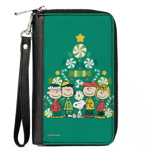 PU Zip Around Wallet Rectangle - Peanuts Holiday Christmas Tree Group Pose Greens Clutch Zip Around Wallets Peanuts Worldwide LLC   