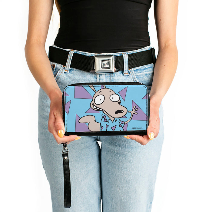 PU Zip Around Wallet Rectangle - Rocko's Modern Life Rocko Waving Pose Triangles Blue Purple Clutch Zip Around Wallets Nickelodeon   