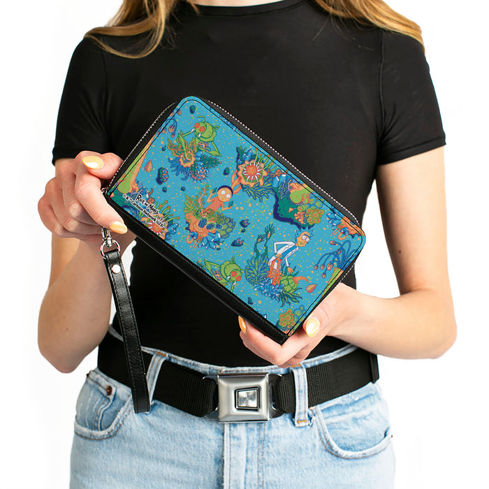 PU Zip Around Wallet Rectangle - Rick and Morty Botanical Garden Collage Blue Clutch Zip Around Wallets Rick and Morty   