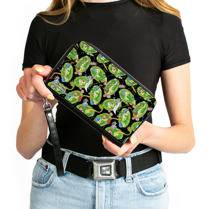 PU Zip Around Wallet Rectangle - Rick and Morty Portal Multi Character Scattered Black/Green Clutch Zip Around Wallets Rick and Morty   