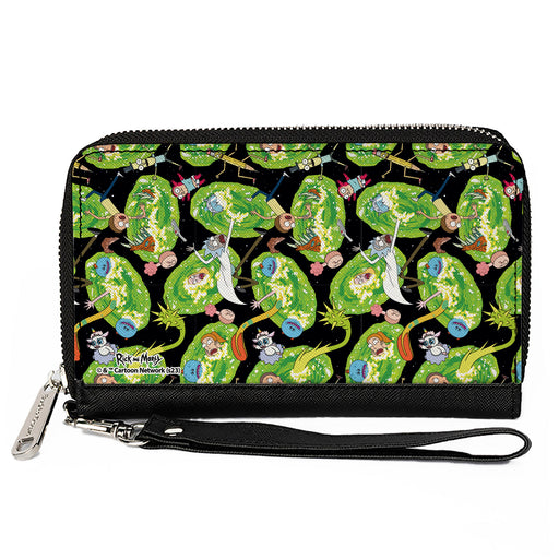 PU Zip Around Wallet Rectangle - Rick and Morty Portal Multi Character Scattered Black/Green Clutch Zip Around Wallets Rick and Morty   