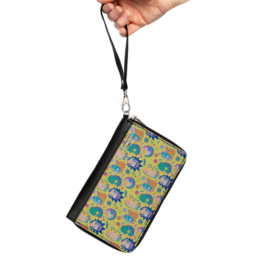 PU Zip Around Wallet Rectangle - Rick and Morty Smith Family Faces and Cells Collage Yellow Clutch Zip Around Wallets Rick and Morty   