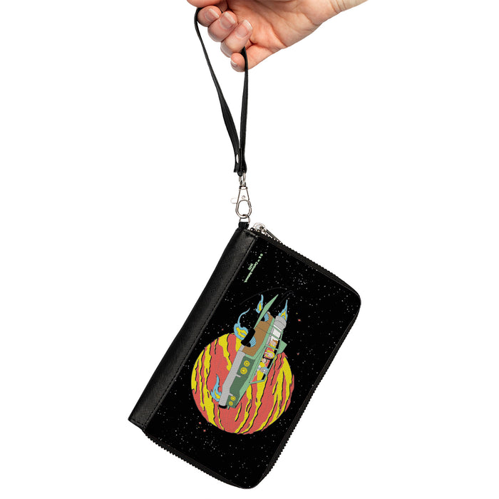 PU Zip Around Wallet Rectangle - Rick and Morty Smith Family Flying Car and Planet Pose Galaxy Black Clutch Zip Around Wallets Rick and Morty   