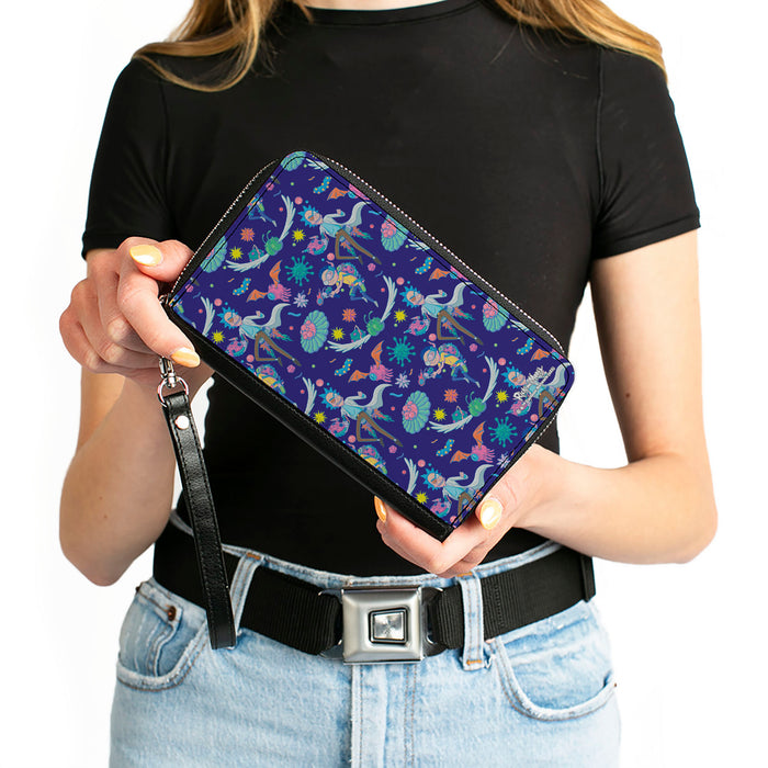Women's PU Zip Around Wallet Rectangle - Rick and Morty Aliens and Cells Portal Gun Collage Purple Clutch Zip Around Wallets Rick and Morty   
