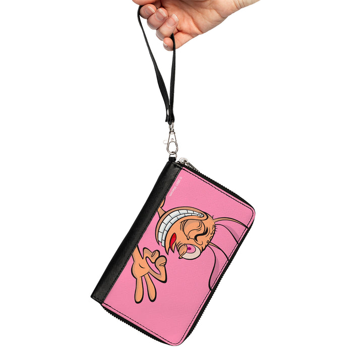 PU Zip Around Wallet Rectangle - The Ren & Stimpy Show Ren Winking Pose CLOSE-UP Pink Clutch Zip Around Wallets Nickelodeon   