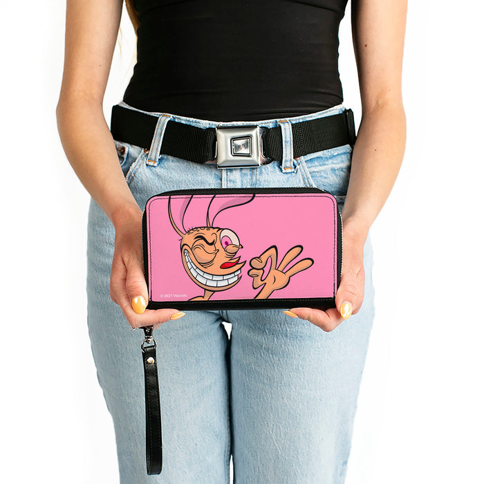 PU Zip Around Wallet Rectangle - The Ren & Stimpy Show Ren Winking Pose CLOSE-UP Pink Clutch Zip Around Wallets Nickelodeon   