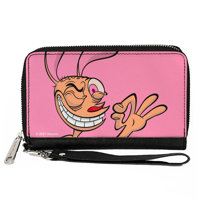 PU Zip Around Wallet Rectangle - The Ren & Stimpy Show Ren Winking Pose CLOSE-UP Pink Clutch Zip Around Wallets Nickelodeon   